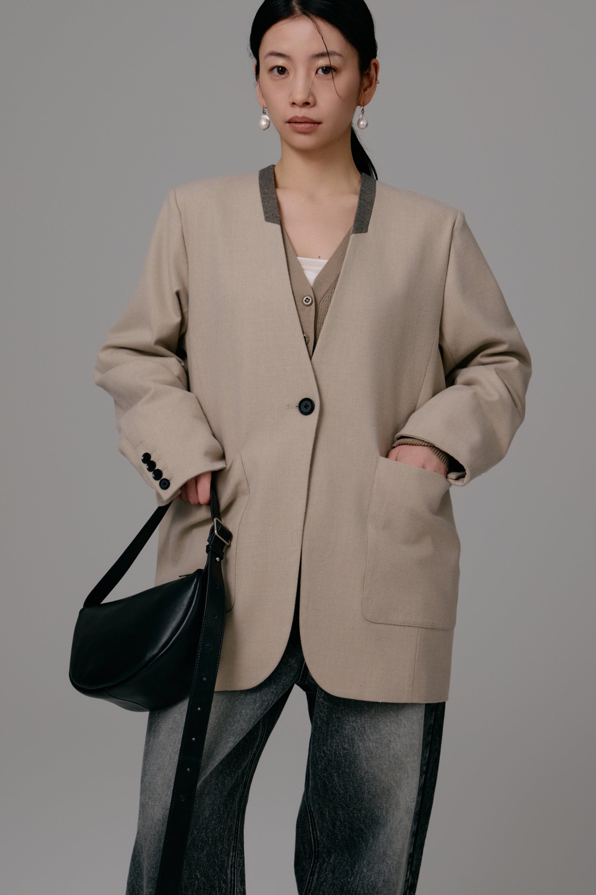 ジャケット・アウター louren twill no collar jacket beige no collar jacket – louren store