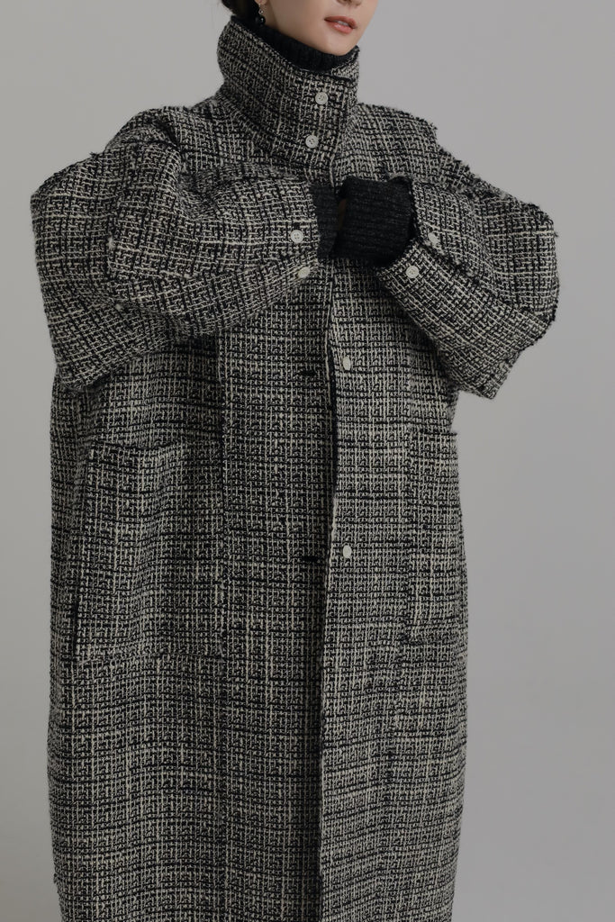 louren stand collar tweed coat black